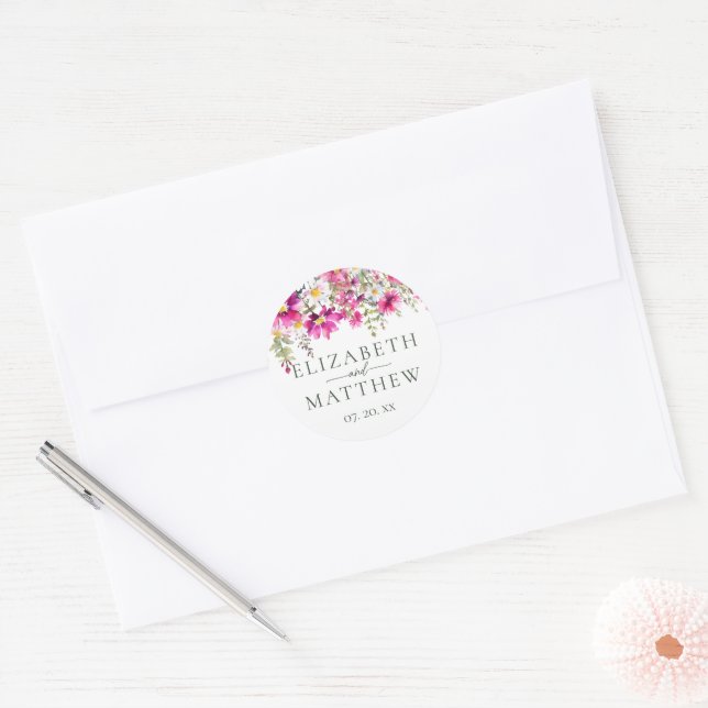Bright Pink Wildflowers Floral Wedding Names Classic Round Sticker (Envelope)