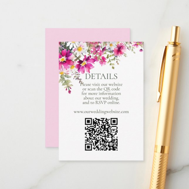 Bright Pink Wildflowers QR Code Wedding Details Enclosure Card (Front/Back In Situ)