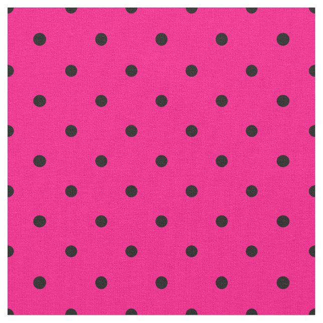 Bright Pink With Black Polka Dots Spots Pattern Fabric (Close Up)