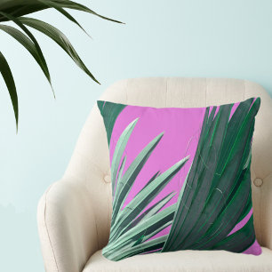 Bright Pink with Green Palm Fronds Cushion
