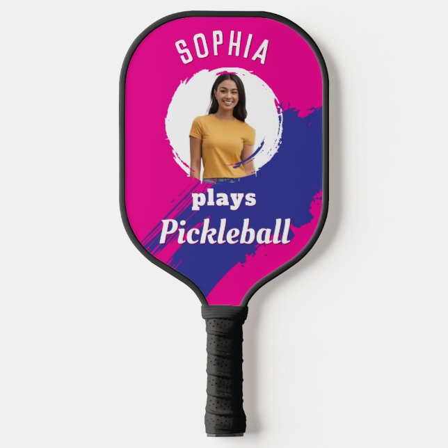 Bright Pink with Photo and Name Personalised Pickleball Paddle (Front)