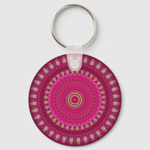Bright Pink with Yellow Mandala Design Key Ring