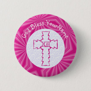 Bright Pink Zig-Zag Christian Cross White Pink 6 Cm Round Badge