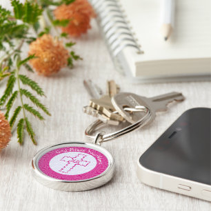 Bright Pink Zig Zag Cross on White and Hot Pink Key Ring