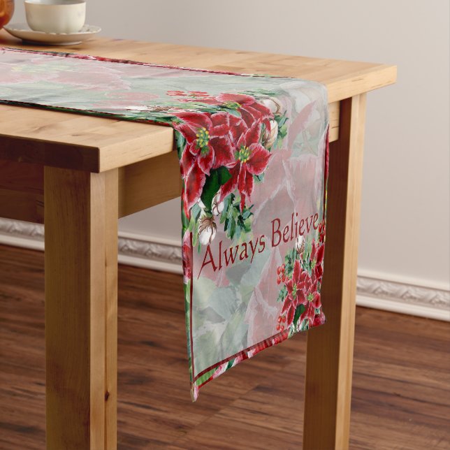 Bright poinsettias and holly custom Christmas  Short Table Runner (In Situ)