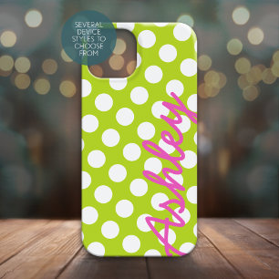 Bright Polka Dot Pattern with name - green pink iPhone 13 Mini Case