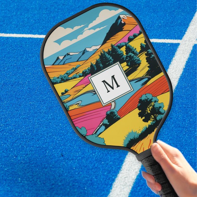 Bright Pop Art Colourful Landscape Monogrammed Pickleball Paddle (A cool pickleball paddle with colorful pop art inspired landscape and monogram initial)