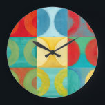 Bright Pop Art with Circles and Squares Large Clock<br><div class="desc">Fluorescent is not just for lights anymore as proven by this wonderfully bright pop art piece. This print is a mash of square grids with coloured circles inside. If you love abstract art you'll love this print!</div>