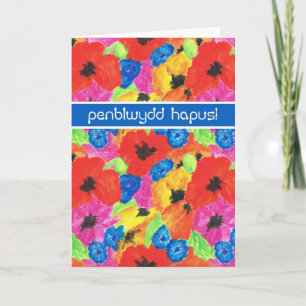 Bright Poppies Birthday Card, Welsh Greeting Card