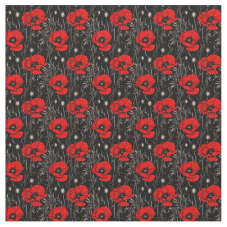 Bright Poppies on Black Fabric