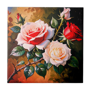 Bright Pretty pink white red roses oil painting Tile