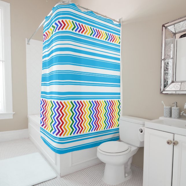 Bright Pride Pattern on Sky Blue and White Stripe Shower Curtain (In Situ)