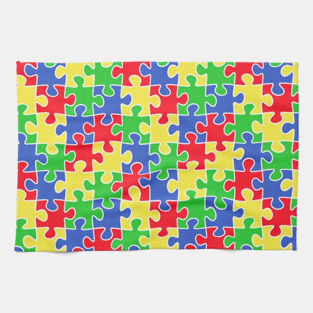 Bright Primary Colours Jigsaw Puzzle Pieces Tea Towel (Horizontal)
