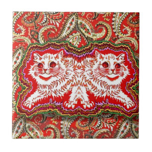 Bright Psychedelic Red Cats (by Louis Wain) Tile