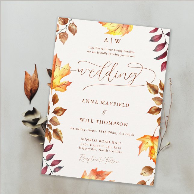 Bright Pumpkin Autumn Leaf Monogram Crest Wedding Invitation (Pumpkin Orange Fall Wedding Invitation Autumn Leaves Romantic Calligraphy Elegant Bohemian Monograms)