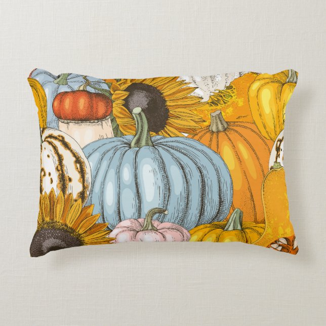 Bright pumpkins, sunflowers, hand-drawn pattern. decorative cushion (Front)
