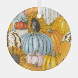 Bright pumpkins, sunflowers, hand-drawn pattern. glass tree decoration
