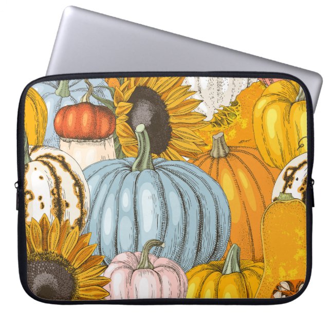 Bright pumpkins, sunflowers, hand-drawn pattern. laptop sleeve (Front)