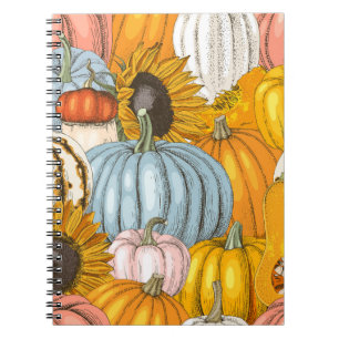 Bright pumpkins, sunflowers, hand-drawn pattern. notebook