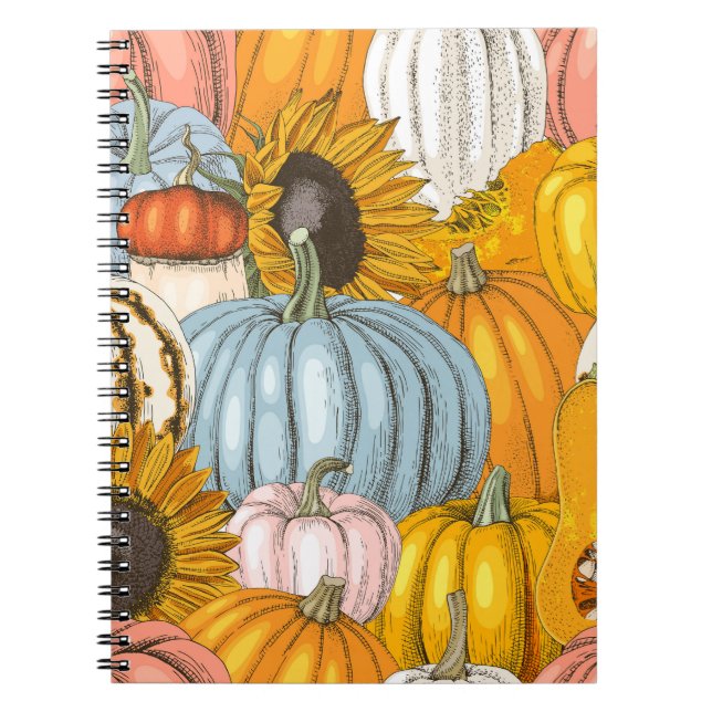 Bright pumpkins, sunflowers, hand-drawn pattern. notebook (Front)