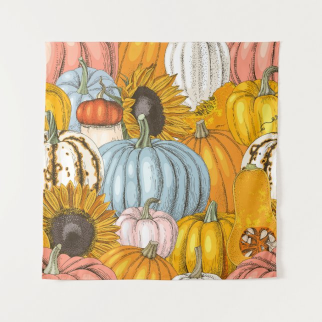 Bright pumpkins, sunflowers, hand-drawn pattern. tapestry (Front)