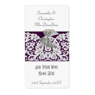 Bright purple and white lace wedding wine bottle