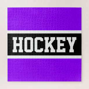 Bright Purple Black Athletic Stripes HOCKEY Text   Jigsaw Puzzle