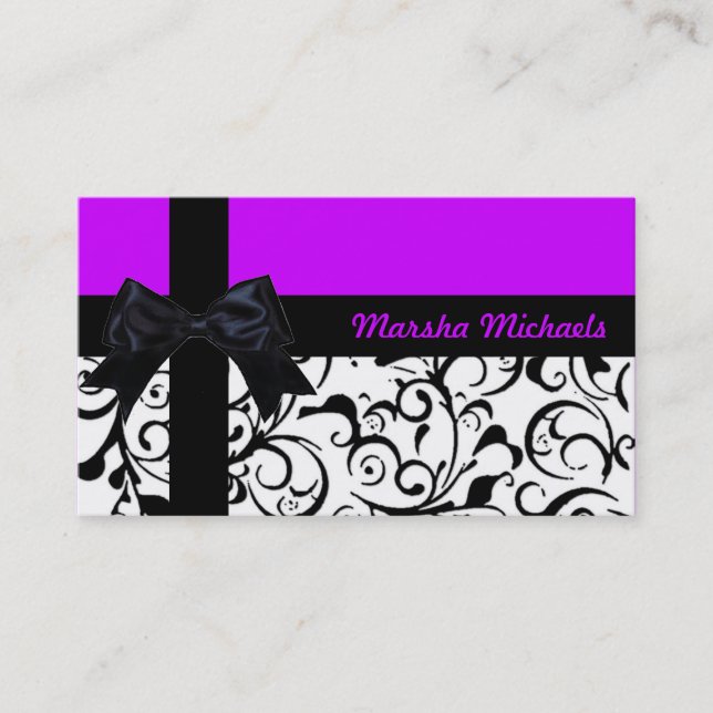 Bright purple black damask custom business cards (Front)