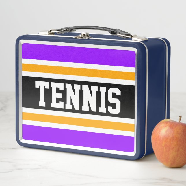Bright Purple Black White Yellow TENNIS Stripes Metal Lunch Box (In Situ)