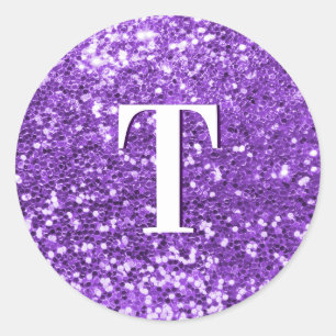 Bright Purple Chunky Glitter Monogrammed Classic Round Sticker