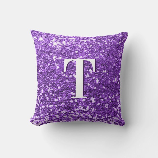 Bright Purple Chunky Glitter Monogrammed Cushion (Front)