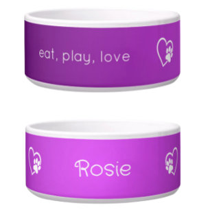 Bright Purple Eat Play Love Custom Dog Name Bowl