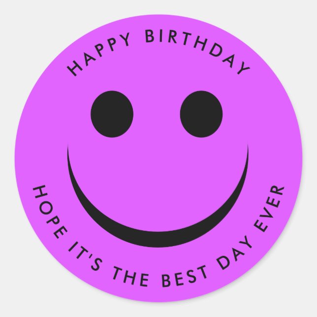 Bright Purple Happy Face Birthday Classic Round Sticker (Front)
