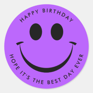 Bright Purple Happy Face Birthday Classic Round Sticker