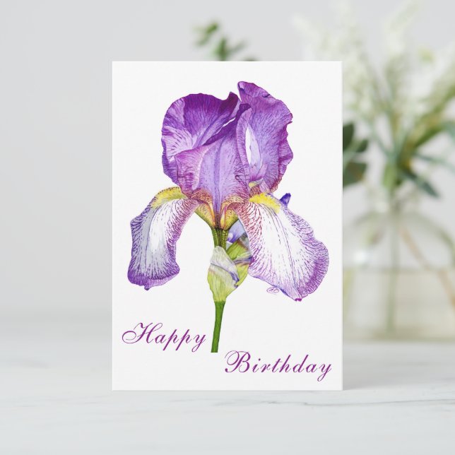 Bright Purple Iris Happy Birthday Postcard (Standing Front)