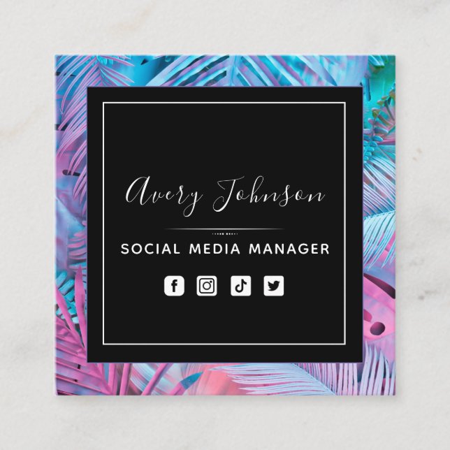 Bright Purple & Pink Neon Gradient Modern QR Code Square Business Card (Front)