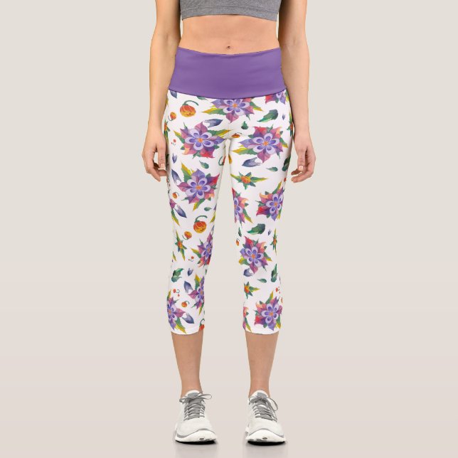 Bright Purple Stylised Columbine Flower Pattern   Capri Leggings (Front)