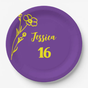 Bright Purple & Yellow Floral 16th Birthday Paper Plate