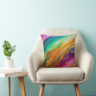 Bright Rainbow Abstract Watercolor Gold Foil Ink Cushion