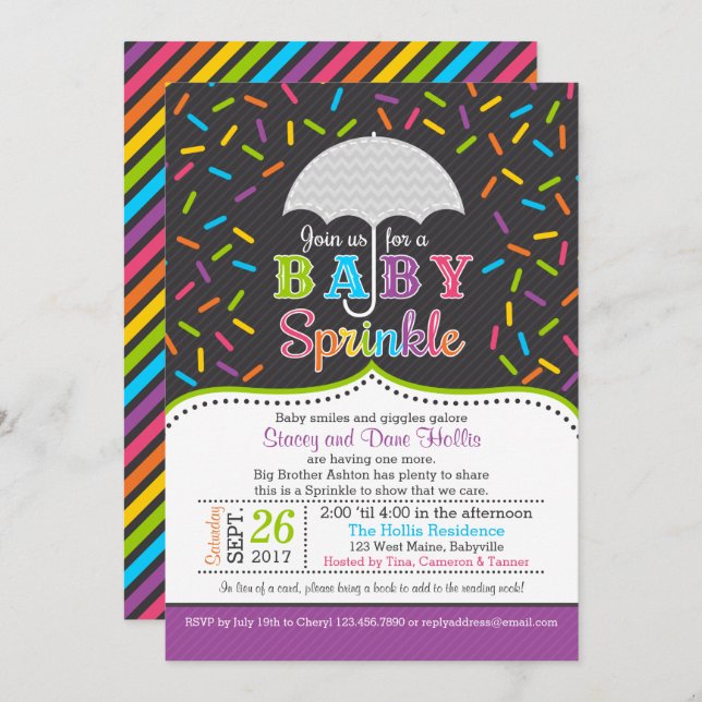 Bright Rainbow Baby Sprinkle Umbrella Invitation (Front/Back)