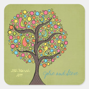 Bright Rainbow Bird Tree Custom Wedding Sticker