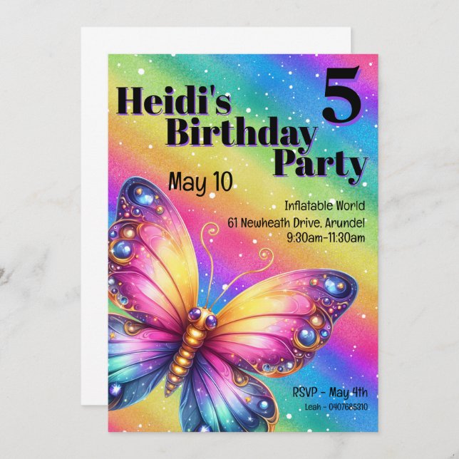 Bright Rainbow Butterfly Birthday  Invitation (Front/Back)
