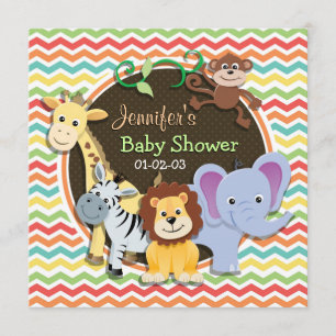 Bright Rainbow Chevron Zoo Animals Baby Shower Invitation
