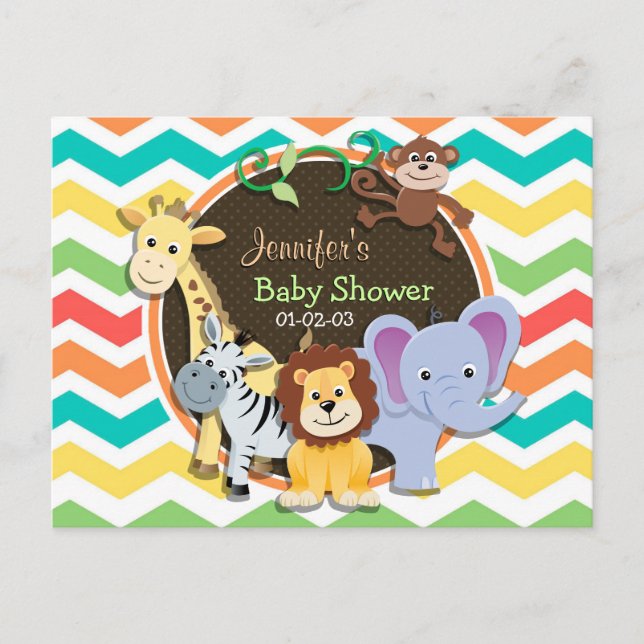 Bright Rainbow Chevron Zoo Animals Baby Shower Invitation Postcard (Front)