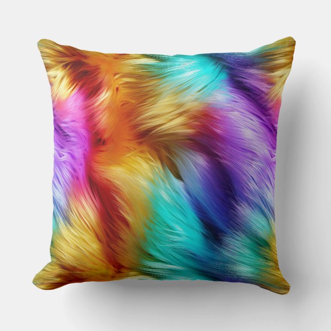 Bright Rainbow faux monster fur texture Cushion (Front)