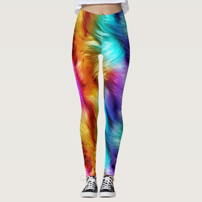 Bright Rainbow faux monster fur texture Leggings (Front)