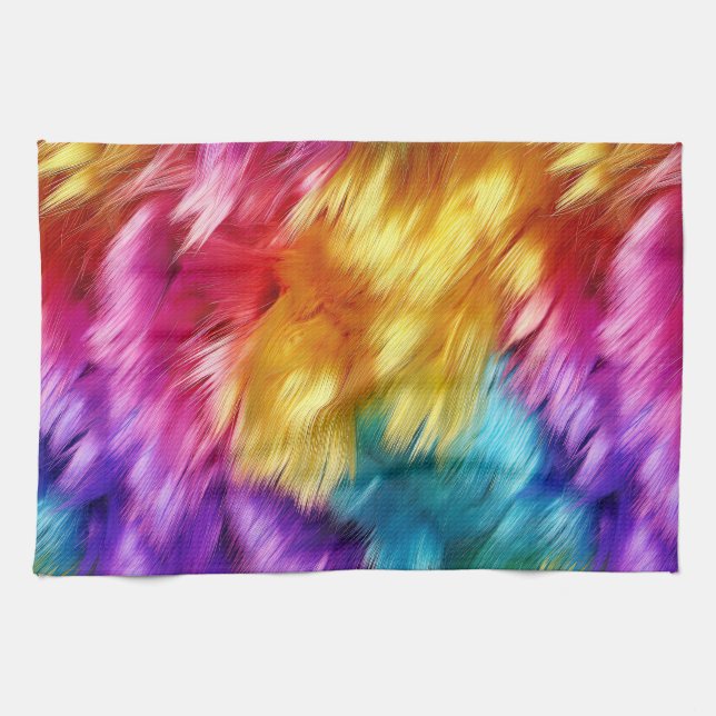 Bright Rainbow faux monster fur texture Tea Towel (Horizontal)