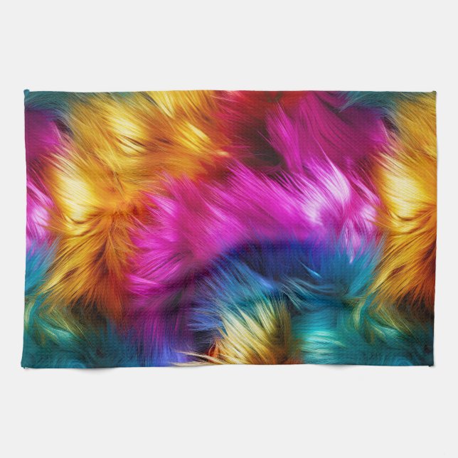 Bright Rainbow faux monster fur texture Tea Towel (Horizontal)