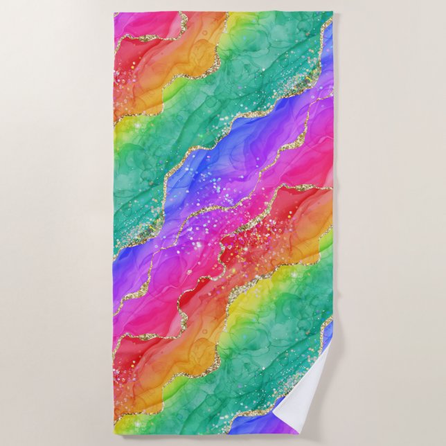 Bright Rainbow & Gold Faux Glitter Agate Beach Towel (Front)