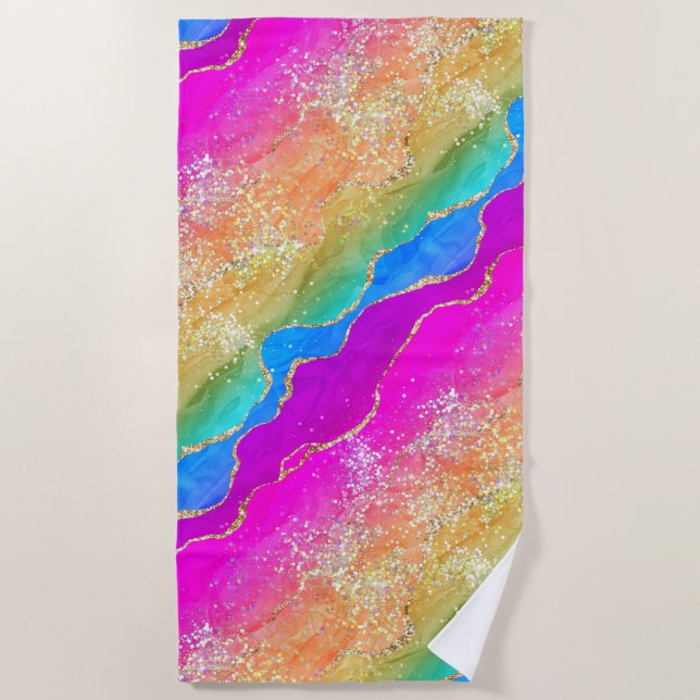 Bright Rainbow & Gold Faux Glitter Agate Beach Towel (Front)